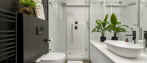 Douche, séchoir à cheveux, serviettes fournies, shampooing