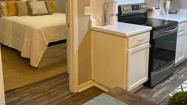 A compact apartment with a kitchenette, a bed, and a ceiling fan. - Discover Mississippi State U within 4 mins! Cozy 1-bedroom awaits. (Starkville)