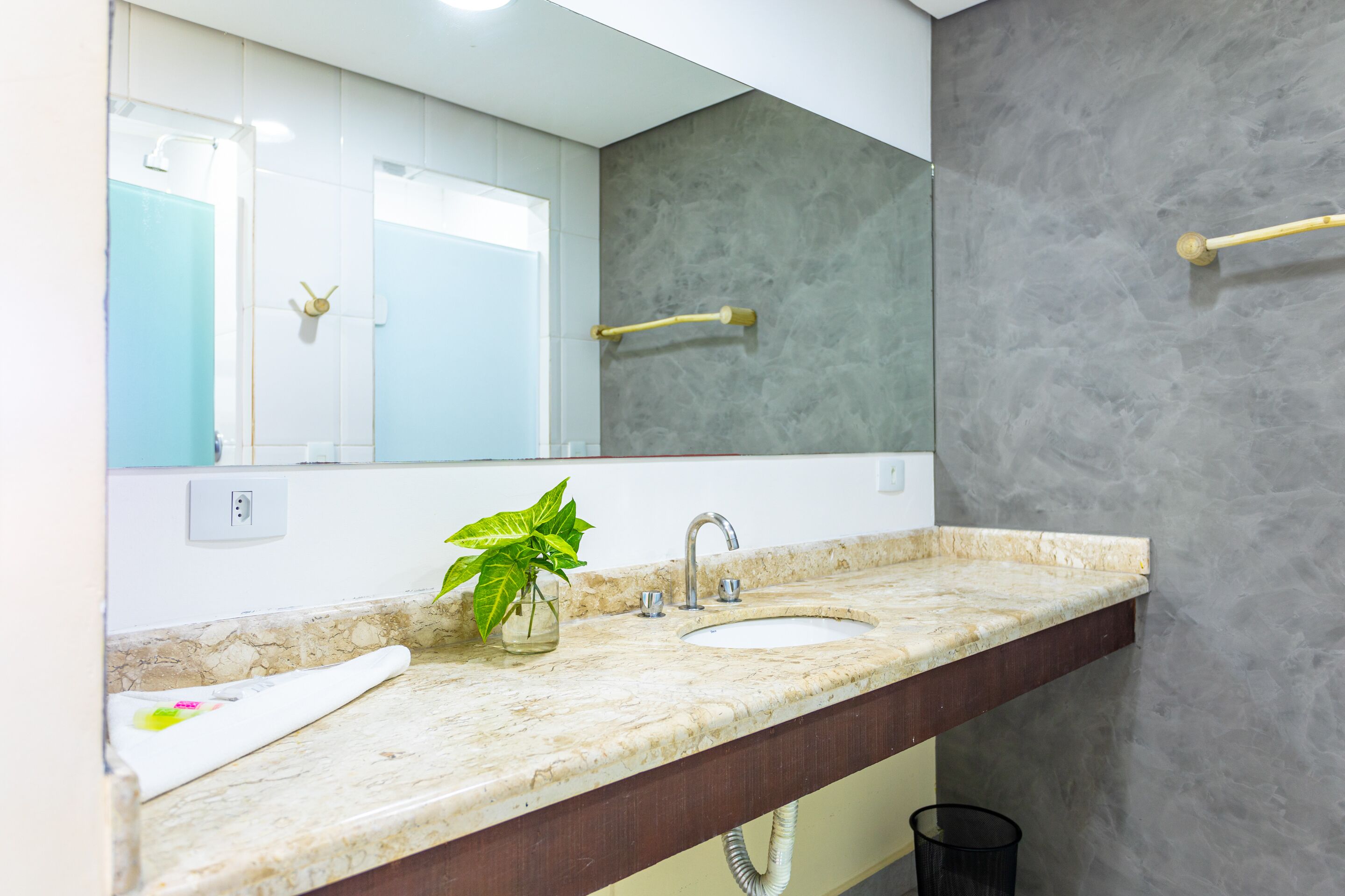A bathroom with a marble sink, a mirror, and a plant on the counter.