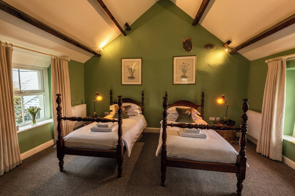 A room with two wooden beds, green walls, and a window with curtains.