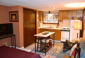A compact living space with a kitchenette, a dining table, a sofa, and a television.