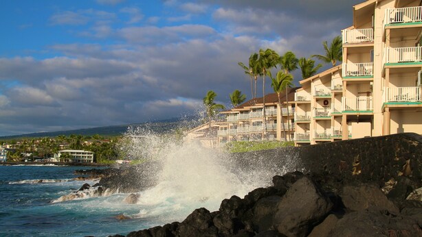 A coastal hotel with balconies, a rocky shoreline, and palm trees. - Sea Village (Kailua-Kona)