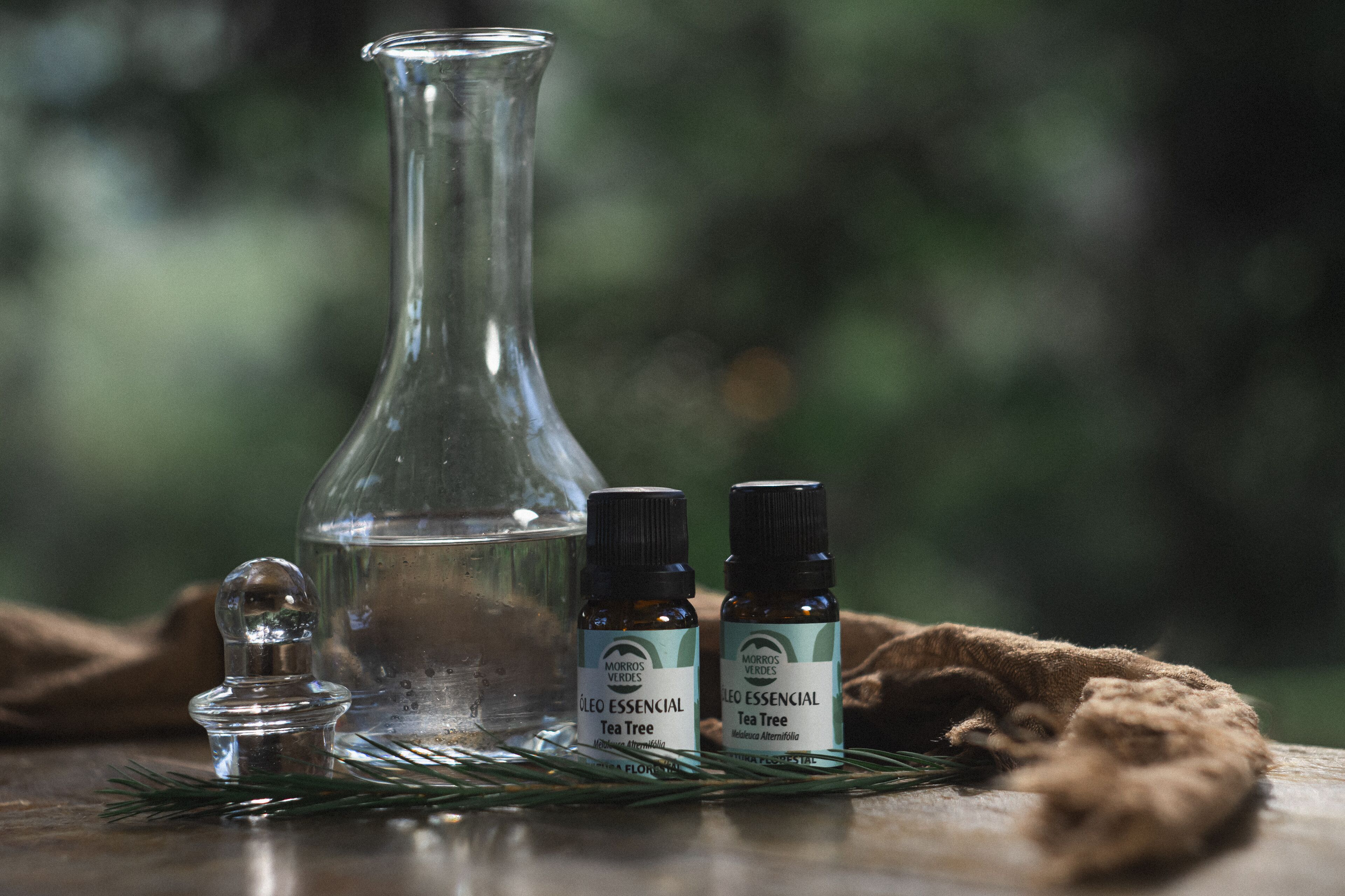 A glass flask, two small bottles with labels, and a glass container on a wooden surface with greenery in the background.