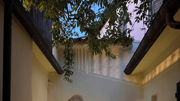 Un patio con pared de piedra, fuente de agua y diversas plantas.