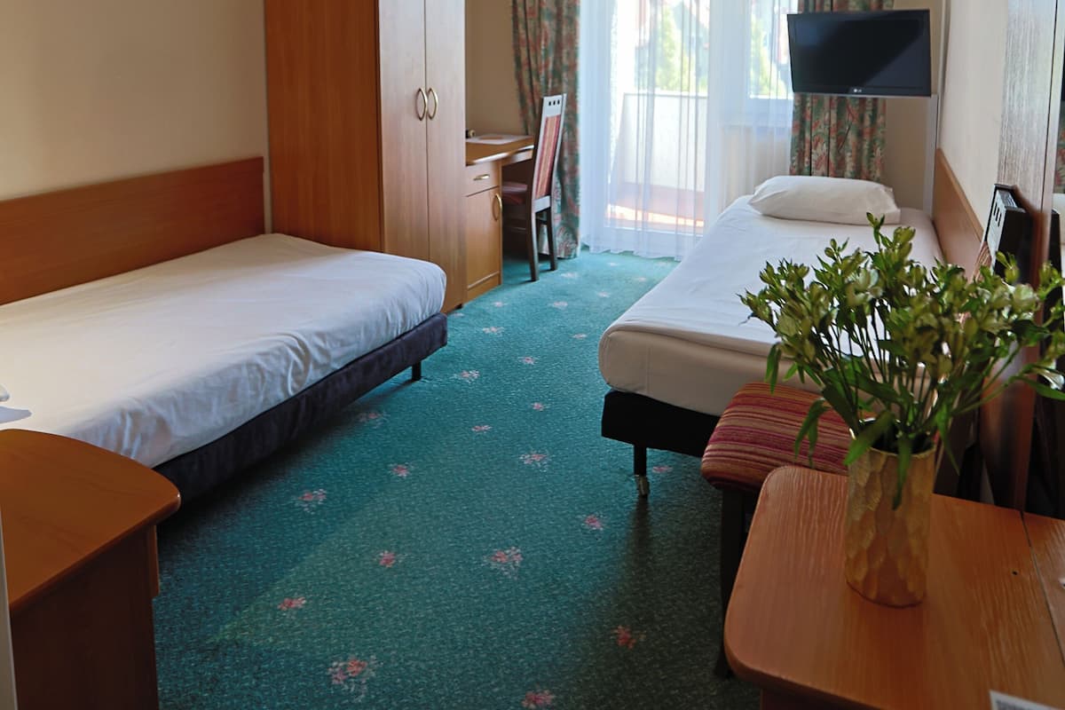 A hotel room with two single beds, a wooden wardrobe, a desk with a chair, a television, and a potted plant.