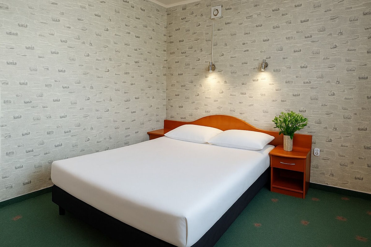 A neatly made bed with white linens, a wooden headboard, and a nightstand with a plant.