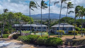 A beachfront property with multiple buildings, a pool, and palm trees.