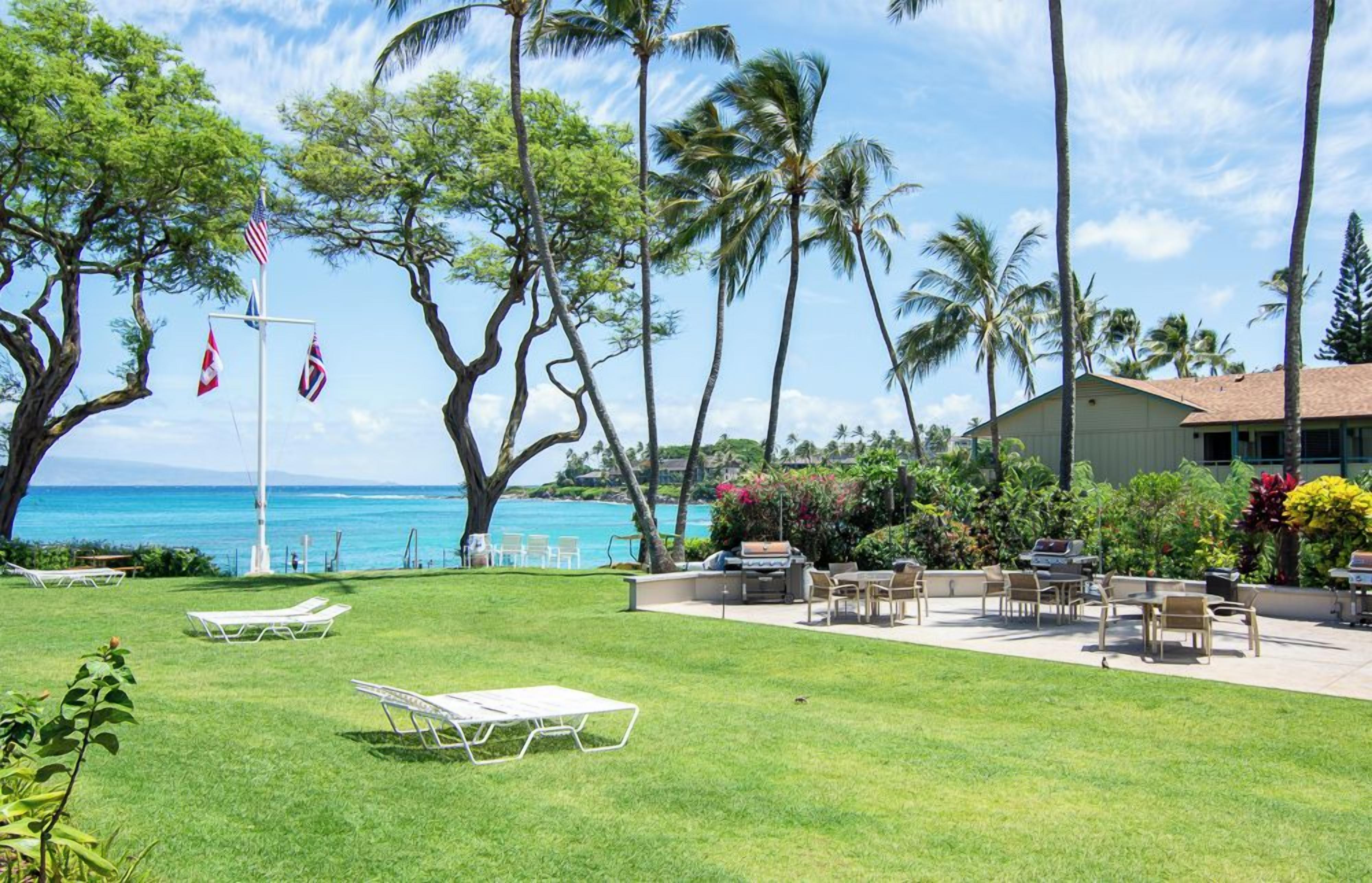 A grassy outdoor area with lounge chairs, a barbecue, and a view of the ocean.