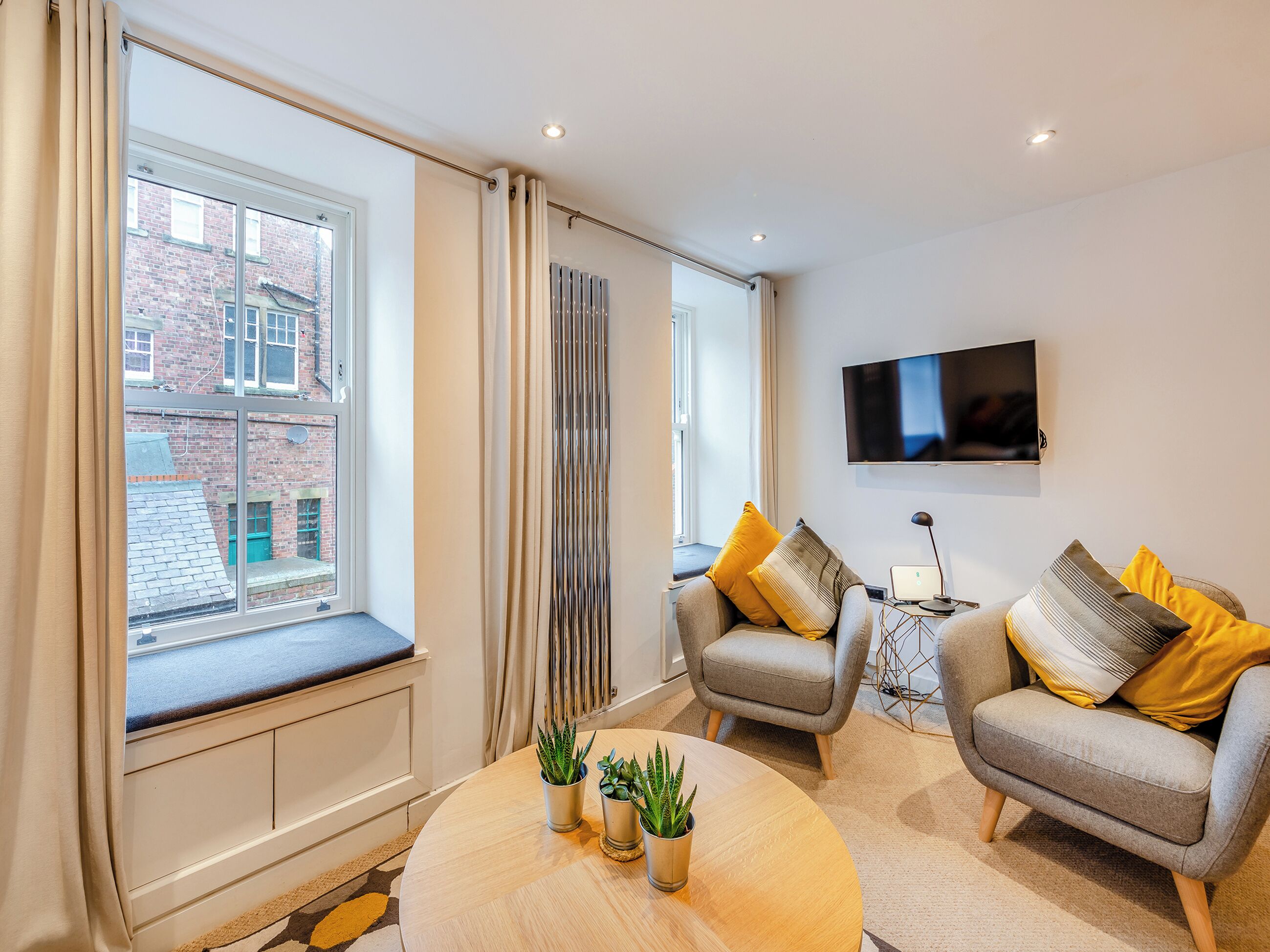 A modern living room with a large window, two armchairs, a round coffee table with plants, a TV, and a radiator.