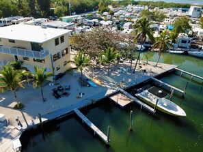 A marina with boats docked, a building with outdoor seating, and a sandy area with palm trees.