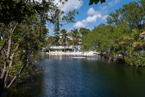 A serene water body with a building featuring a pool and lounge chairs, surrounded by lush greenery.