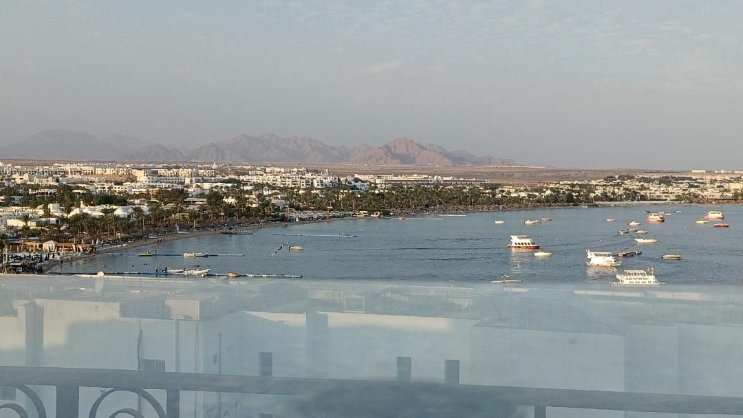 Un paysage urbain côtier avec un port de plaisance, des bateaux et une chaîne de montagnes en arrière-plan.