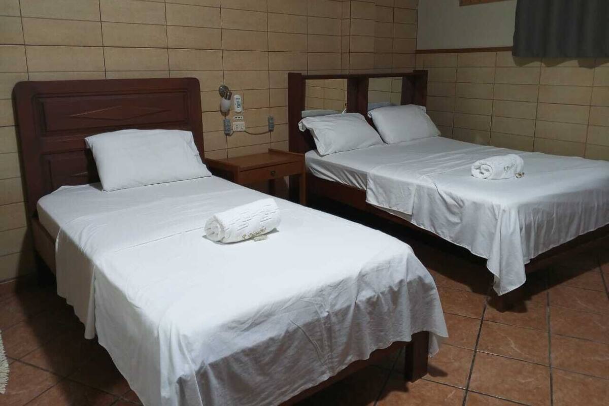 Dos camas individuales con ropa blanca, un cabecero de madera, una mesita de noche y una lámpara de pared.