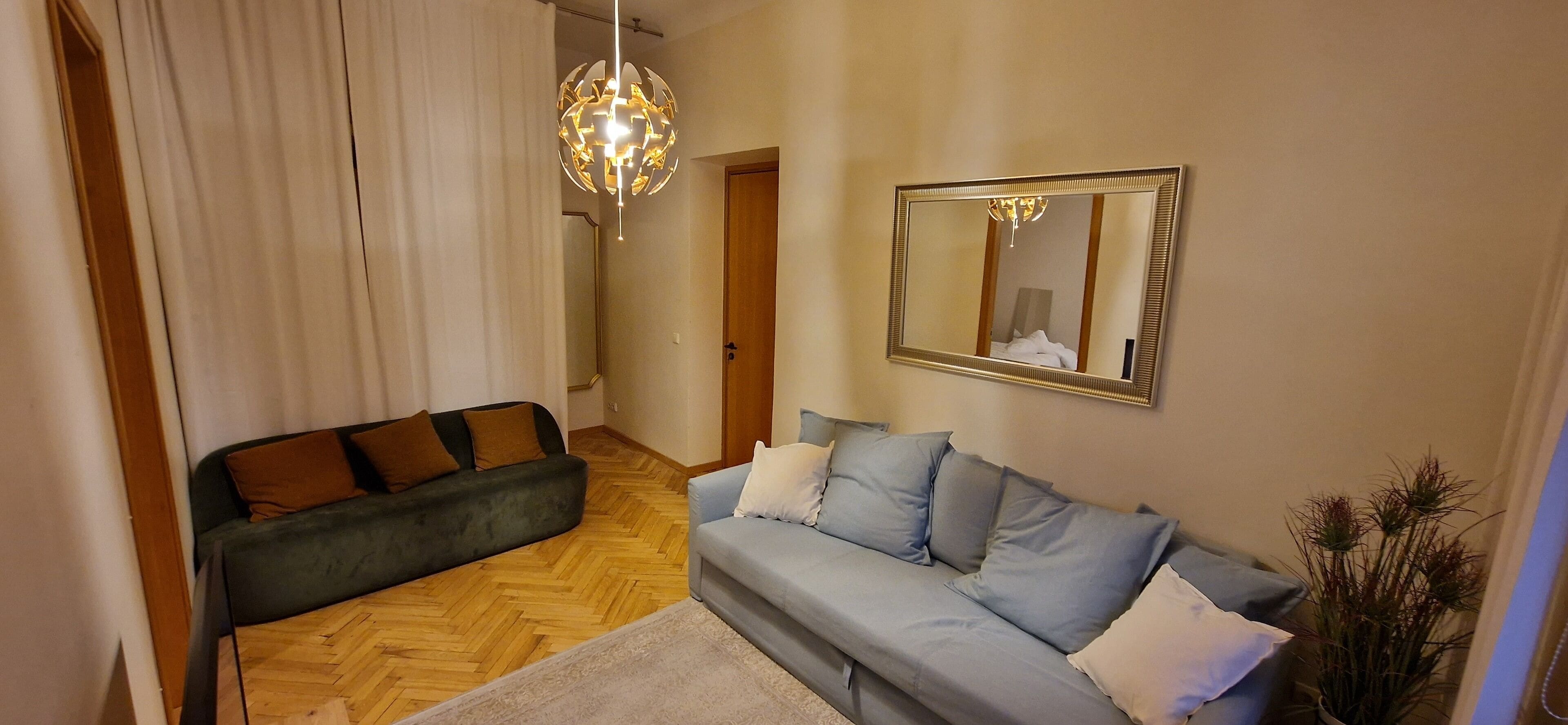 Panoramic Apartment | Private kitchen | Full-sized fridge, electric kettle, cookware/dishes/utensils, freezer