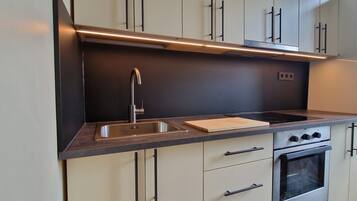 Panoraamahuoneisto | Yksityinen keittiö | Täysikokoinen jääkaappi, vedenkeitin