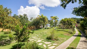 A garden pathway with a stone pattern, surrounded by various plants and trees. - Harmoniosa Mansão com 7 Suítes Ferradura (Búzios)