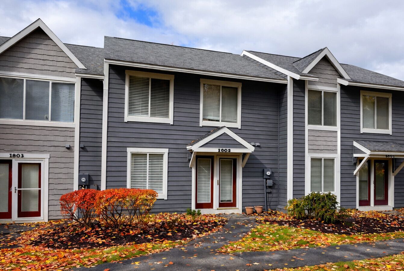 A row of townhouses with a central entrance, numbered 1002, and a small garden area with autumn leaves.