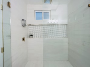 Ducha, secador de pelo, toallas, jabón