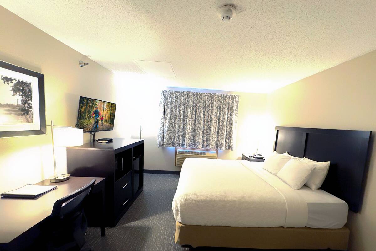 A hotel room with a bed, desk, chair, lamp, air conditioning unit, and a window with patterned curtains.