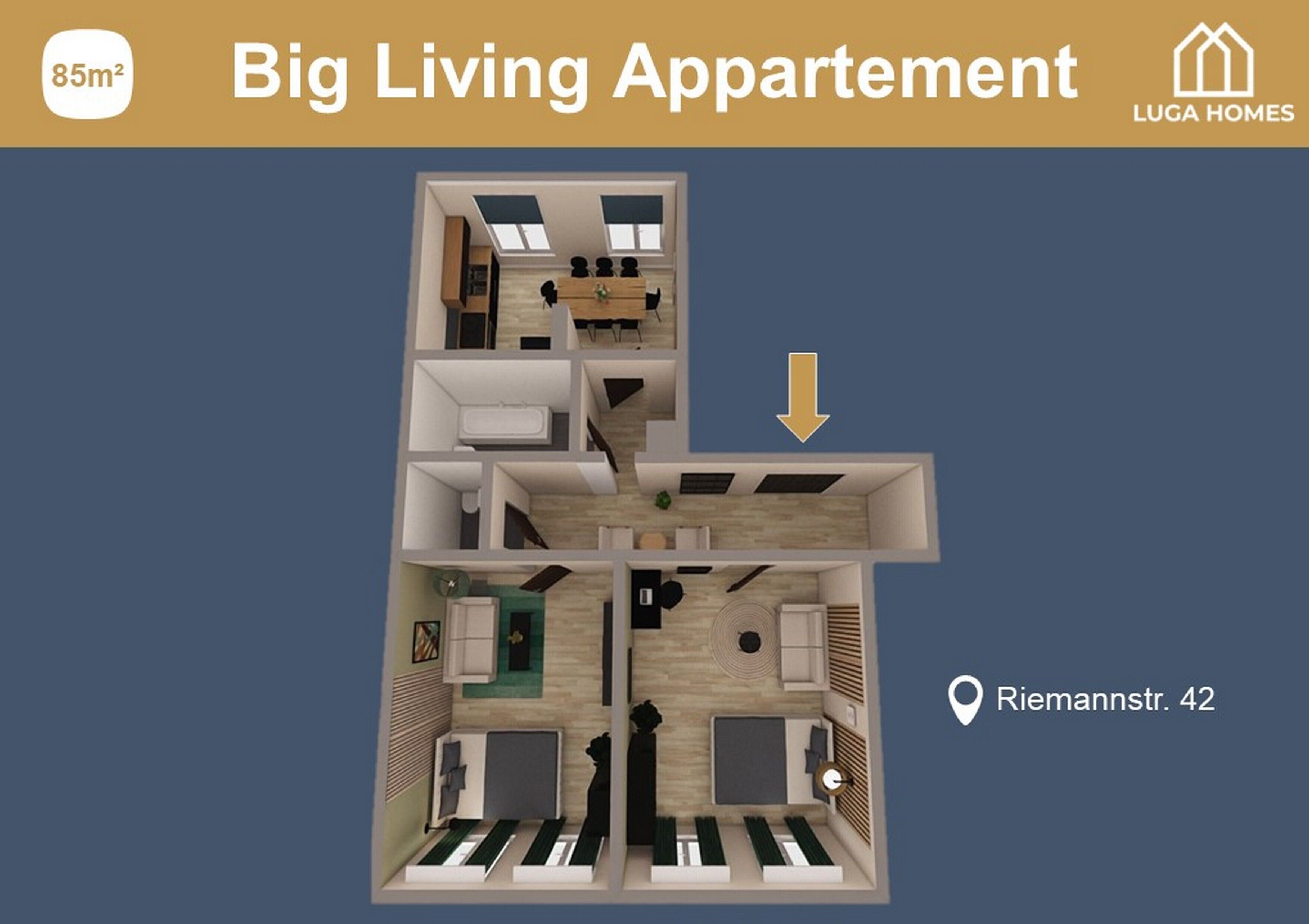 A 3D floor plan of a Big Living Apartment at Riemannstr. 42, featuring a kitchen, dining area, living room, two bedrooms, and a bathroom.