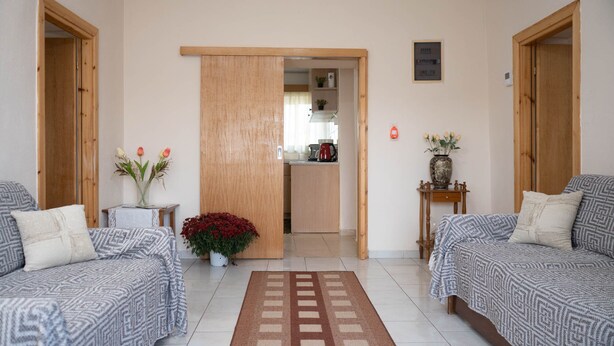 A cozy living room with two patterned sofas, a wooden door, a kitchen area, and a small table with a vase of flowers. - Garden Paradise in Megalochori Trikala (Trikala)