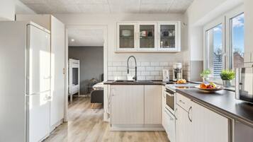 Kjøleskap, kokeplater, oppvaskmaskin og kaffetrakter/tekoker