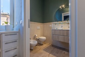 Shower, hair dryer, bidet, towels