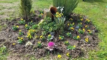 En have med forskellige planter og blomster, en bænk og en bygning i baggrunden.