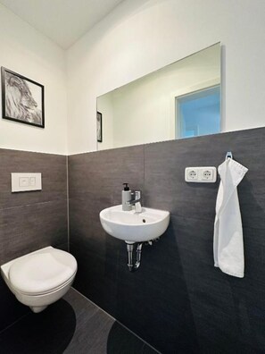 Shower, towels, soap, toilet paper