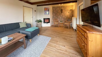 Een televisie en een open haard