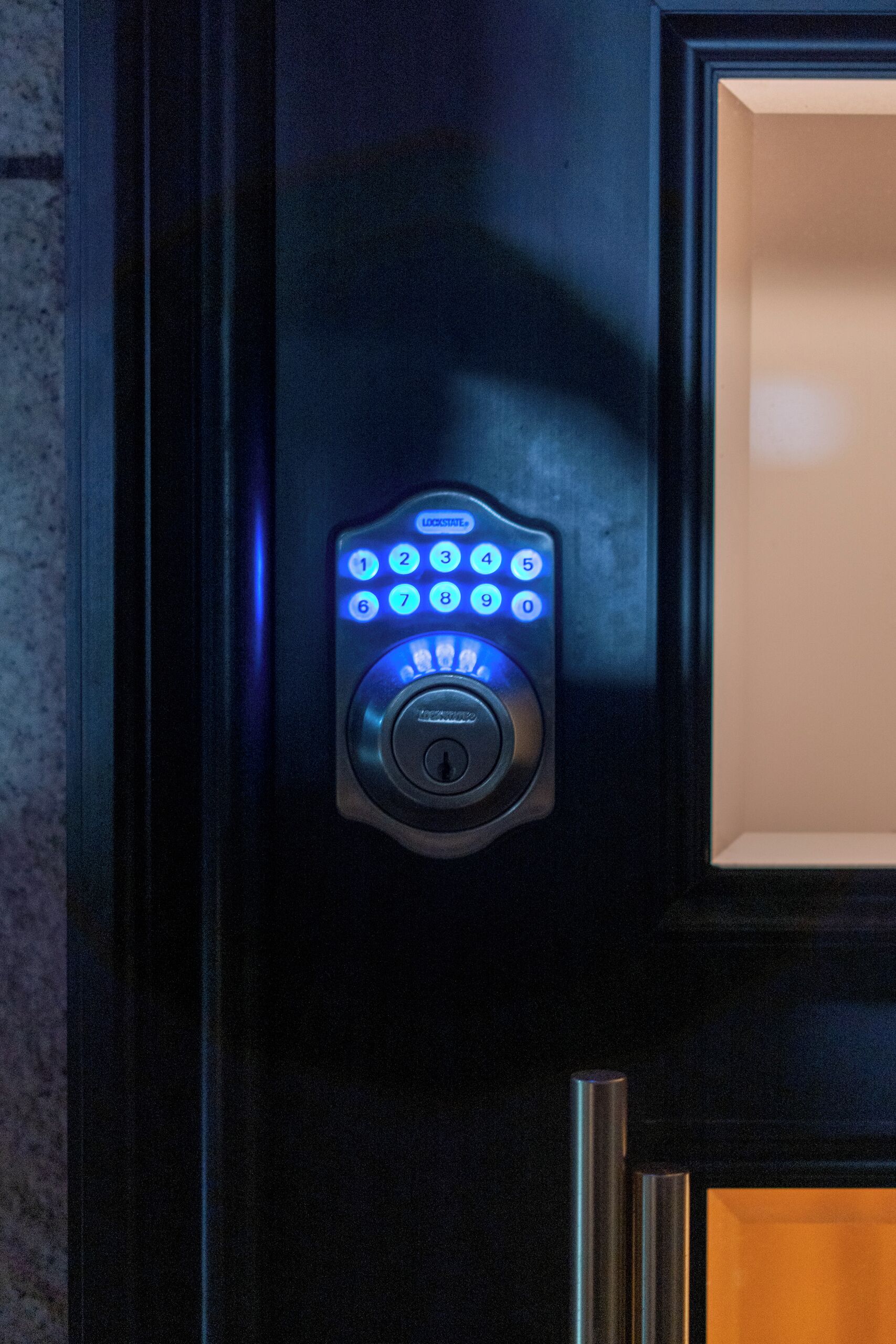 A keypad lock on a door.