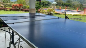 An outdoor ping pong table with a net, set up on a patio with a view of a landscaped garden and distant hills. - Marina Private Villa (Zarzal)