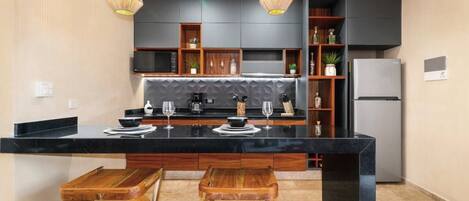 Coffee/tea maker, fridge, microwave, electric kettle
