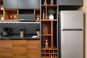 Fridge, microwave, coffee/tea maker, electric kettle