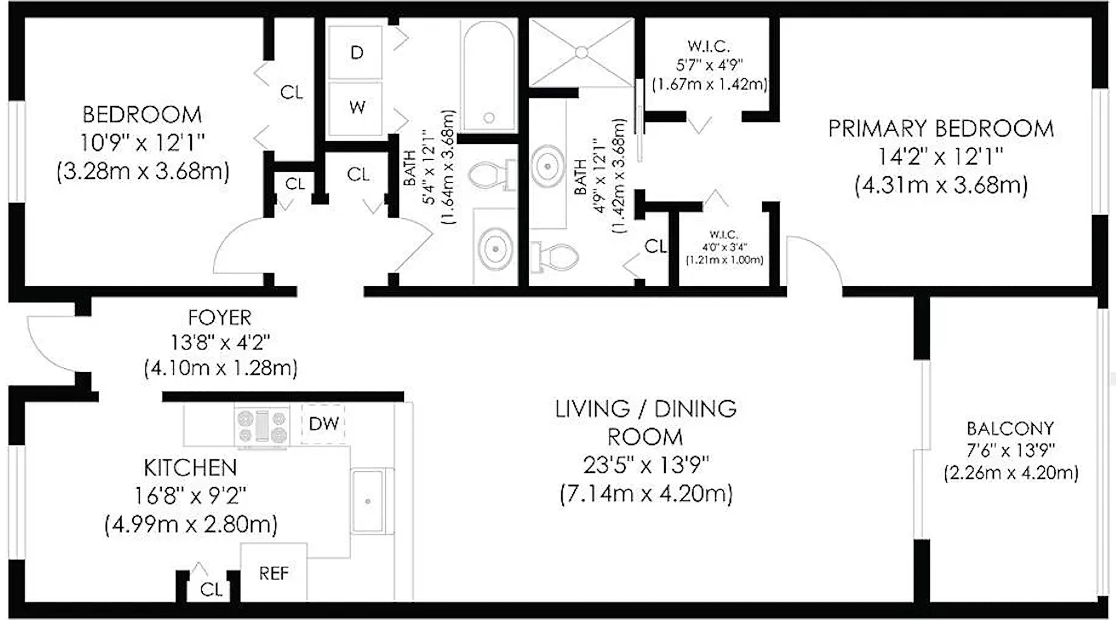 A floor plan of a house with a bedroom, primary bedroom, foyer, kitchen, living/dining room, and balcony.