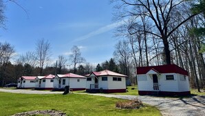 A row of mobile homes with red roofs, set in a grassy area with trees in the background. - Quaint Cabin #1 - Pymatuning Lake (Jamestown)