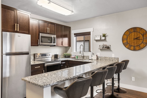 Apartment | Private kitchen | Full-size fridge, microwave, oven, stovetop