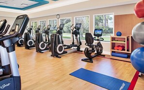 Et fitnessrum med træningsmaskiner, en blå måtte og udsigt til træer gennem store vinduer.