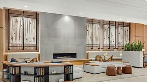 A modern living room with a fireplace, seating, and a bookshelf.