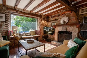 Tv, eldstad och böcker