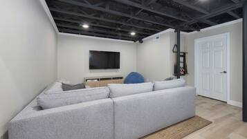 Télévision, cheminée, jeux vidéo, table de tennis de table