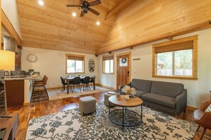 Smart TV, fireplace, DVD player, books