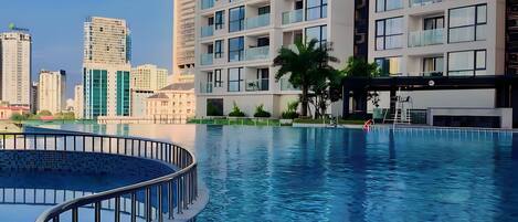 Indoor pool, outdoor pool, open open 24 hours a day, pool umbrellas