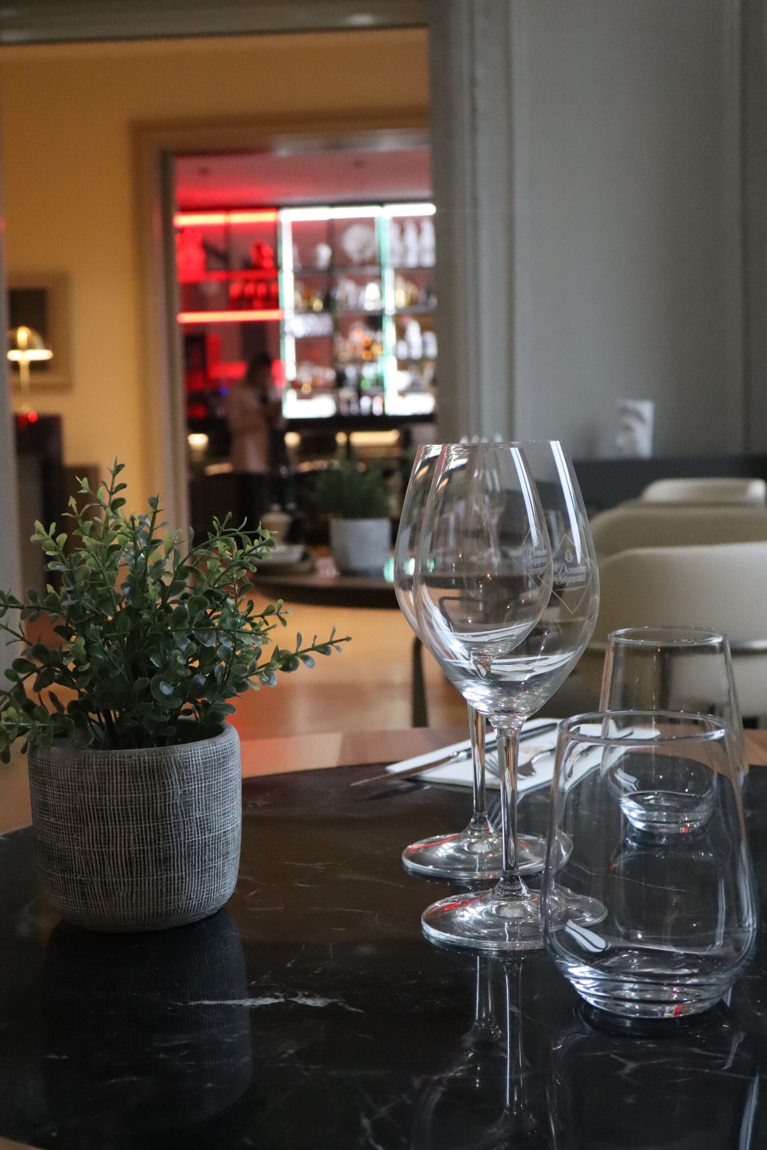Una mesa con dos copas de vino y una planta en maceta.