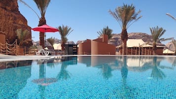 Outdoor pool, pool umbrellas, pool loungers