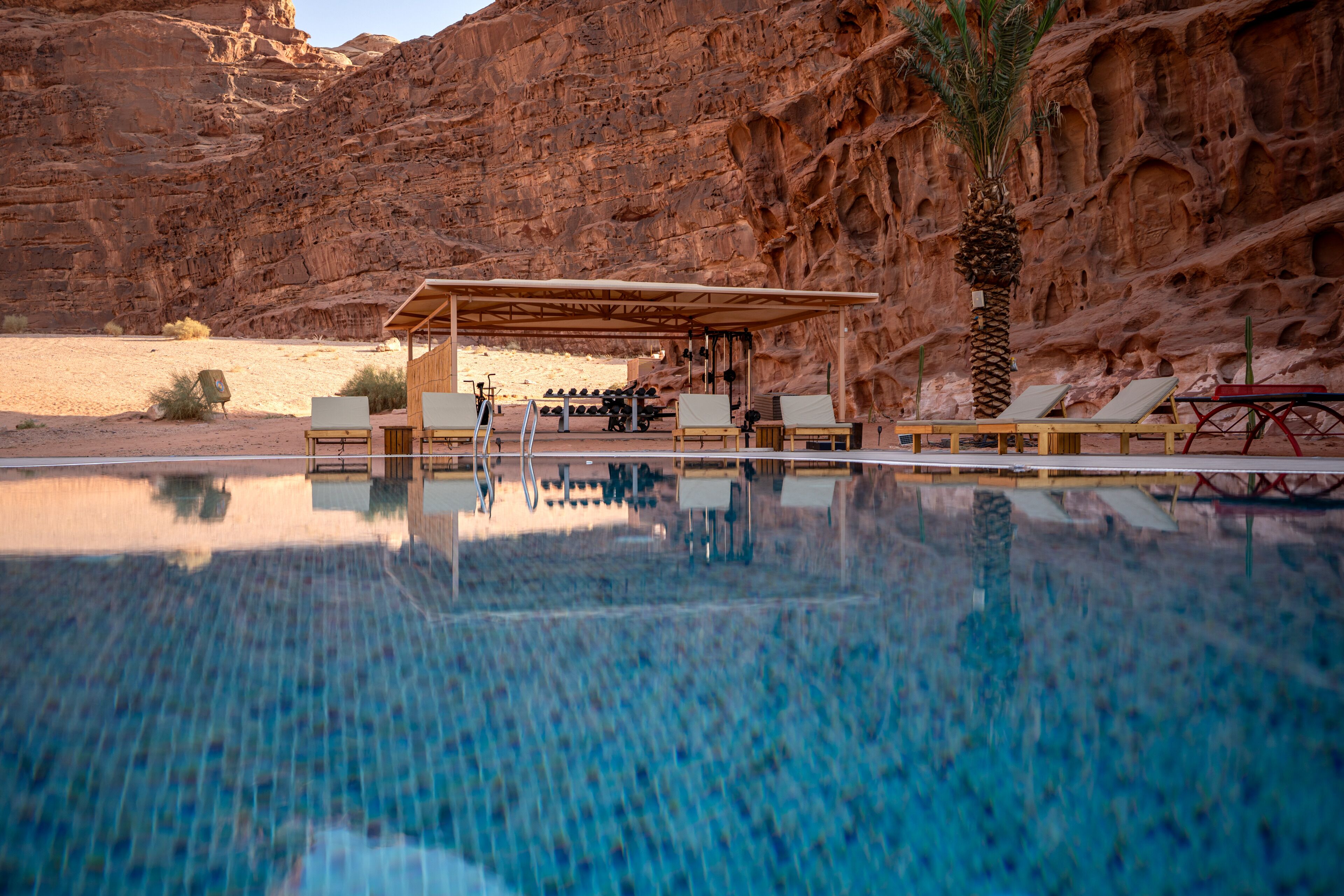 Outdoor pool, pool umbrellas, pool loungers