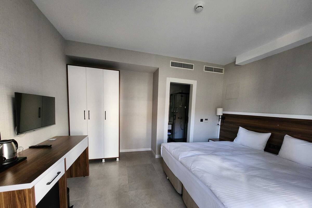 A modern hotel room with a large bed, a desk with a television, a wardrobe, and a shower area.