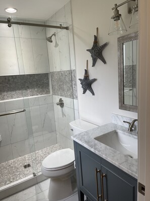 Shower, hair dryer, towels, soap