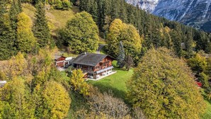 Een bergchalet met een grote houten constructie, omgeven door dicht bos en met sneeuw bedekte bergen.