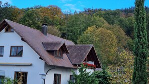 A traditional chalet with a sloped roof, wooden window frames, and a chimney.